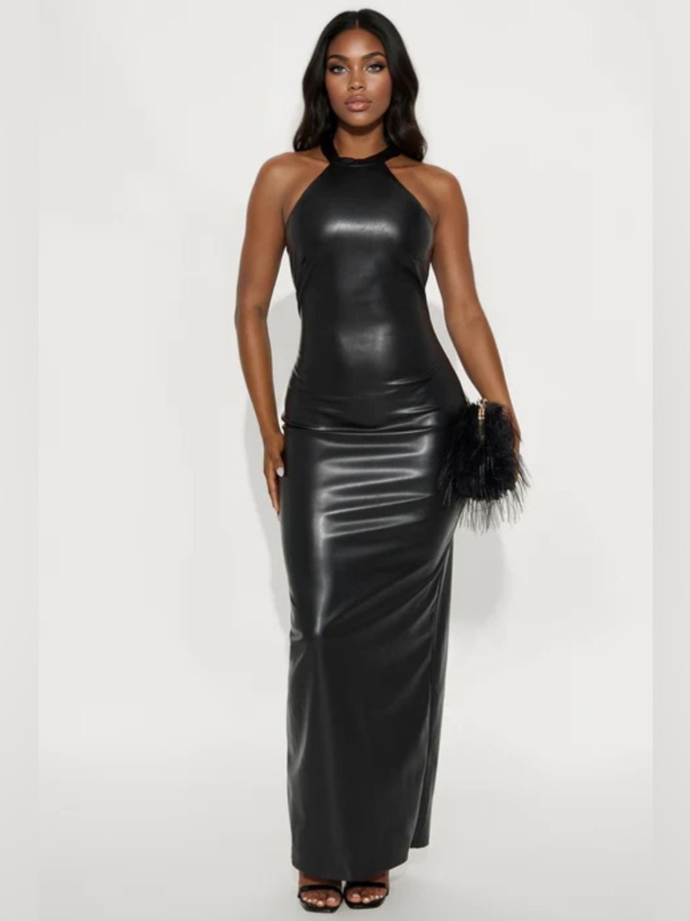 Vixen Backless Black Faux-Leather Halter Maxi Dress NEW 🏷️